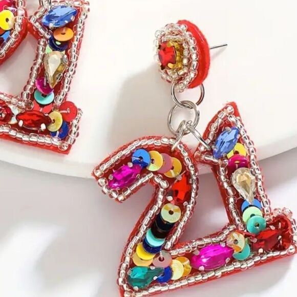 21st BIRTHDAY party sequin cute fun whimsical earrings - Picture 4 of 7